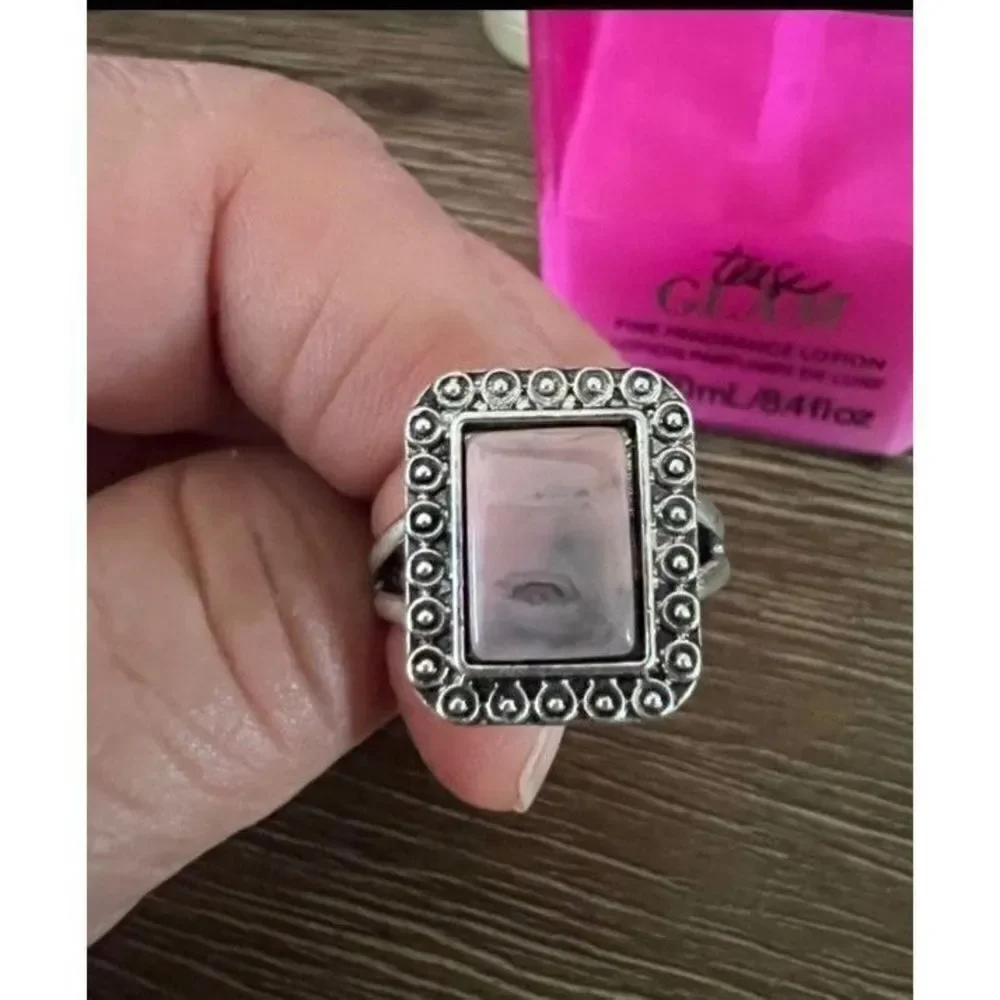 Vintage Square Pink Marble Resin Silver Ring sz 7